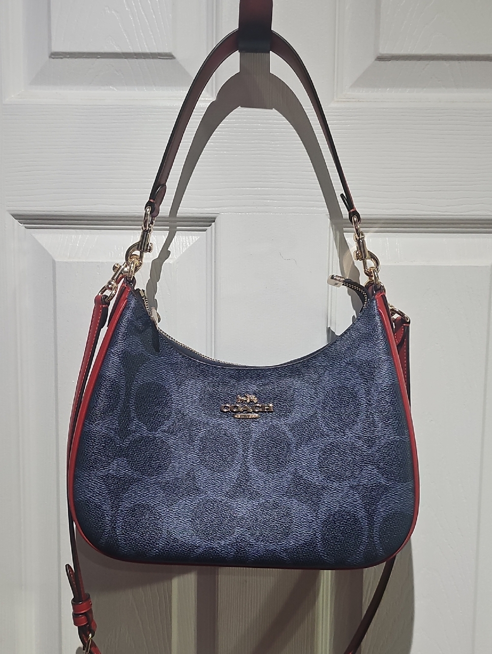 Coach Navy Signature Shoulder Bag with Red Trim and Gold-Tone Hardware